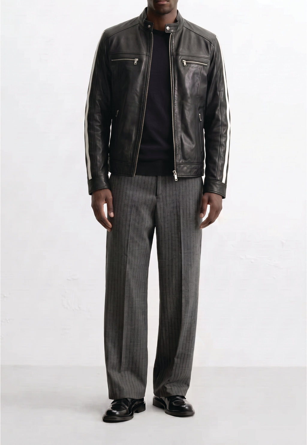 Men Leather Racer Jacket with Stripes
