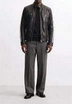 Men Leather Racer Jacket with Stripes