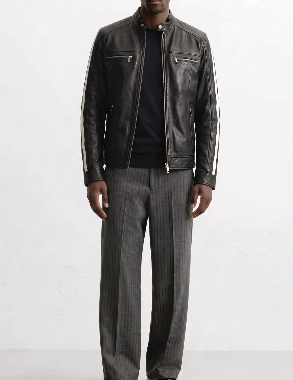 Men Leather Racer Jacket with Stripes