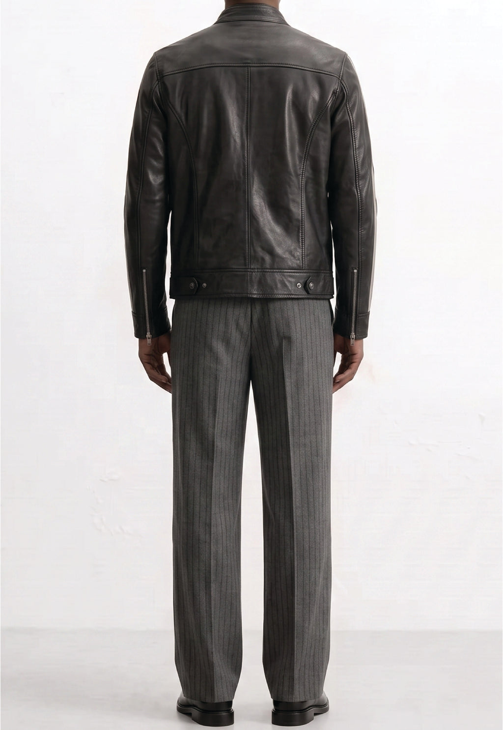 Men Leather Racer Jacket with Stripes