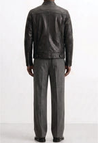 Men Leather Racer Jacket with Stripes