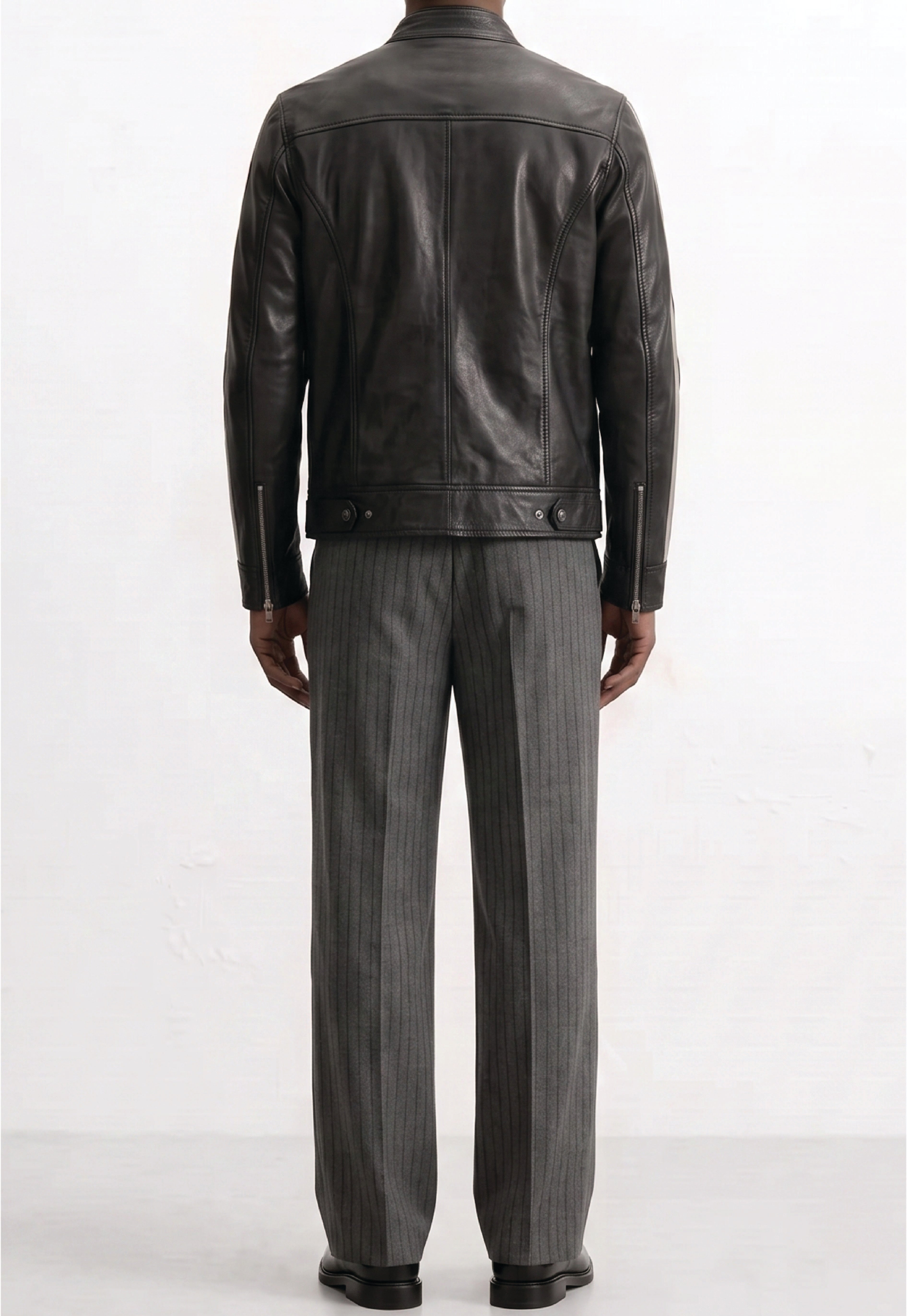 Men Leather Racer Jacket with Stripes