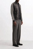 Men Leather Racer Jacket with Stripes