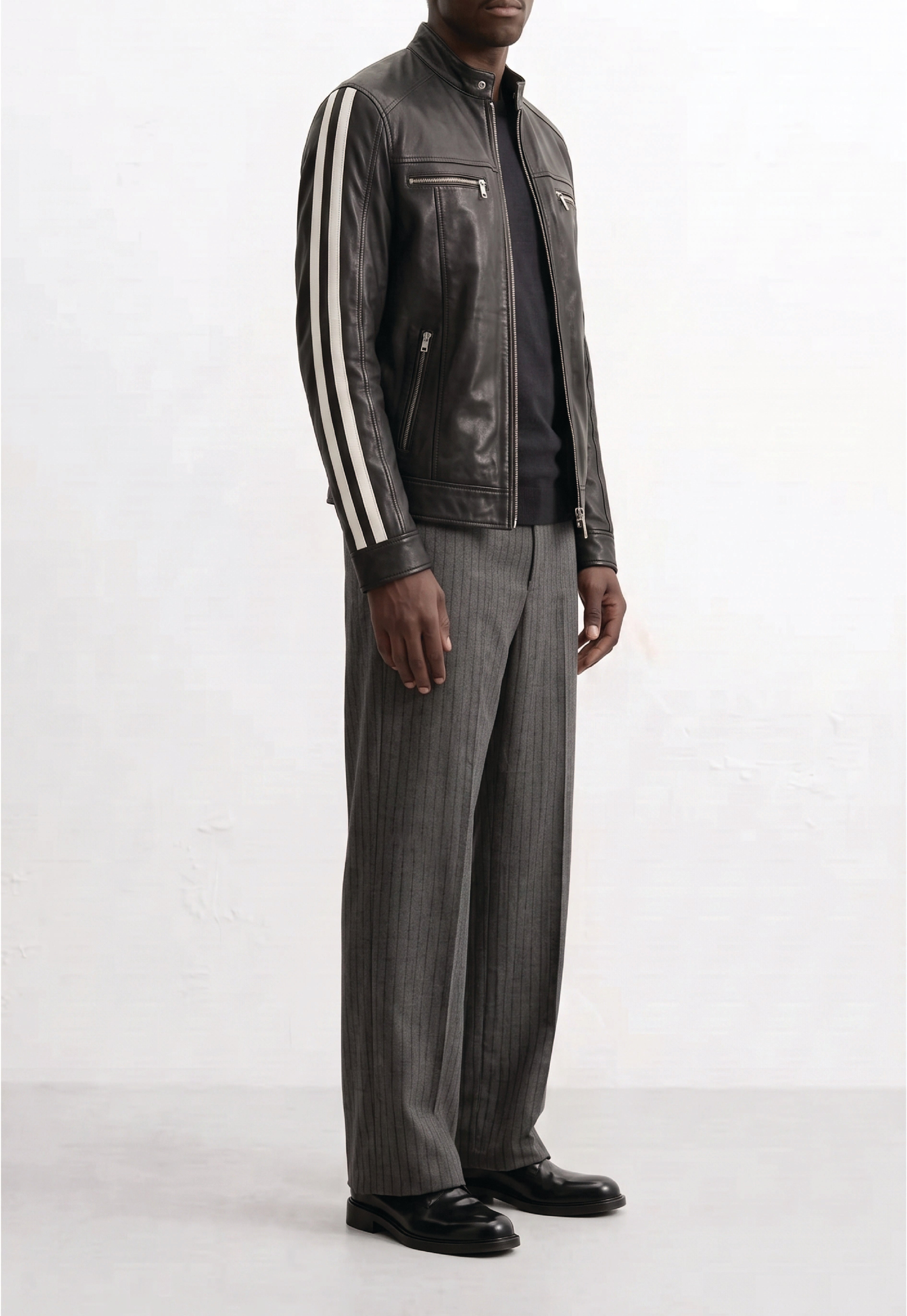 Men Leather Racer Jacket with Stripes