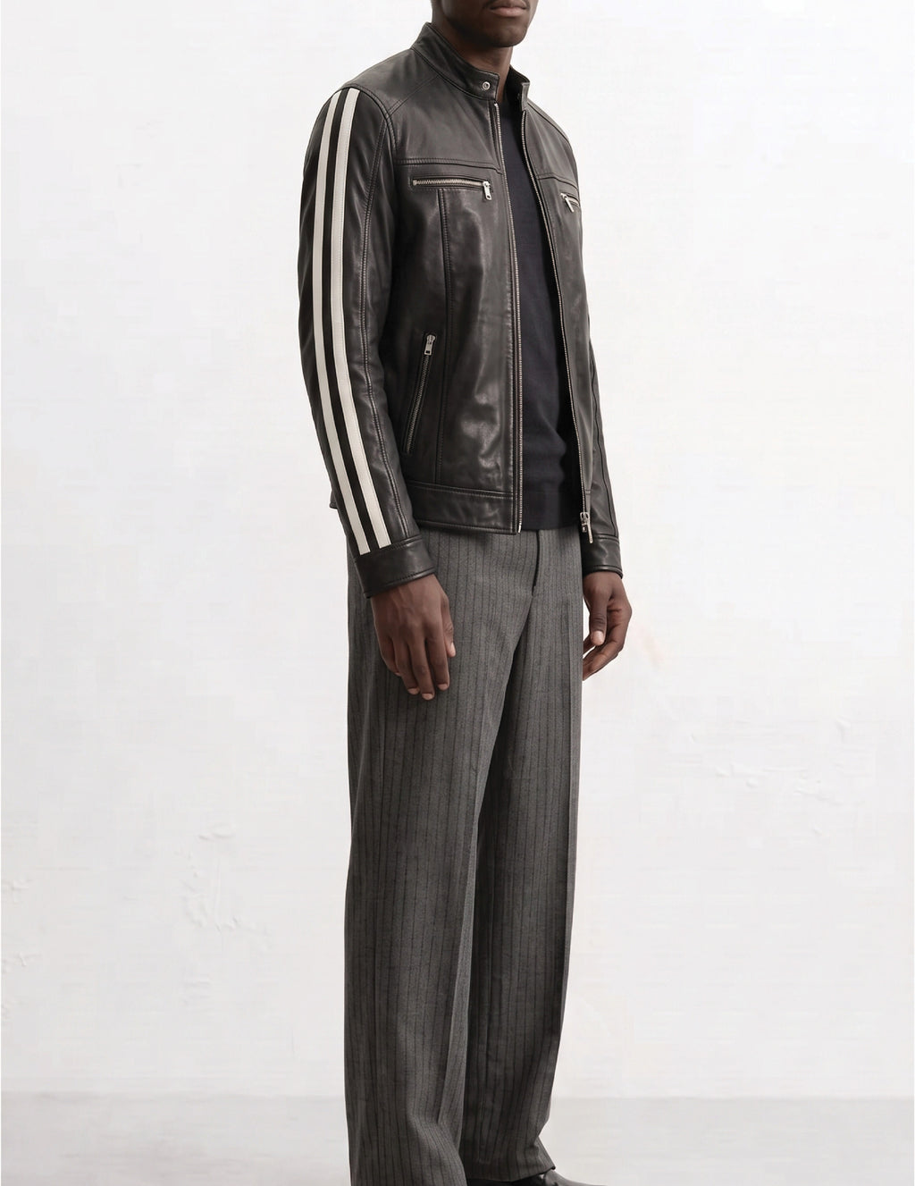 Men Leather Racer Jacket with Stripes