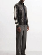 Men Leather Racer Jacket with Stripes