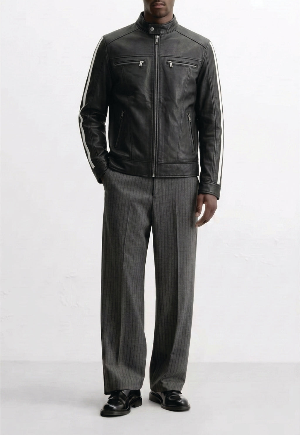 Men Leather Racer Jacket with Stripes