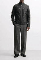 Men Leather Racer Jacket with Stripes