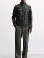 Men Leather Racer Jacket with Stripes