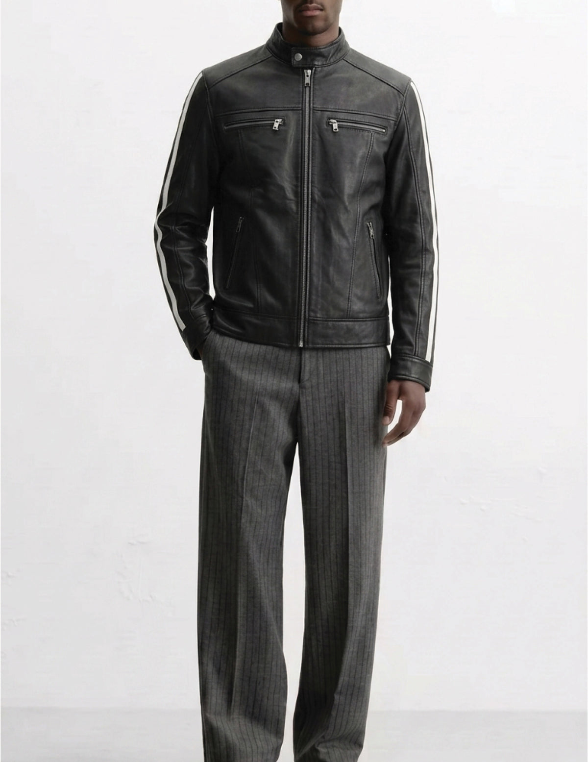 Men Leather Racer Jacket with Stripes