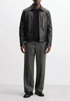 Men Classic Shirt Collar Leather Jacket