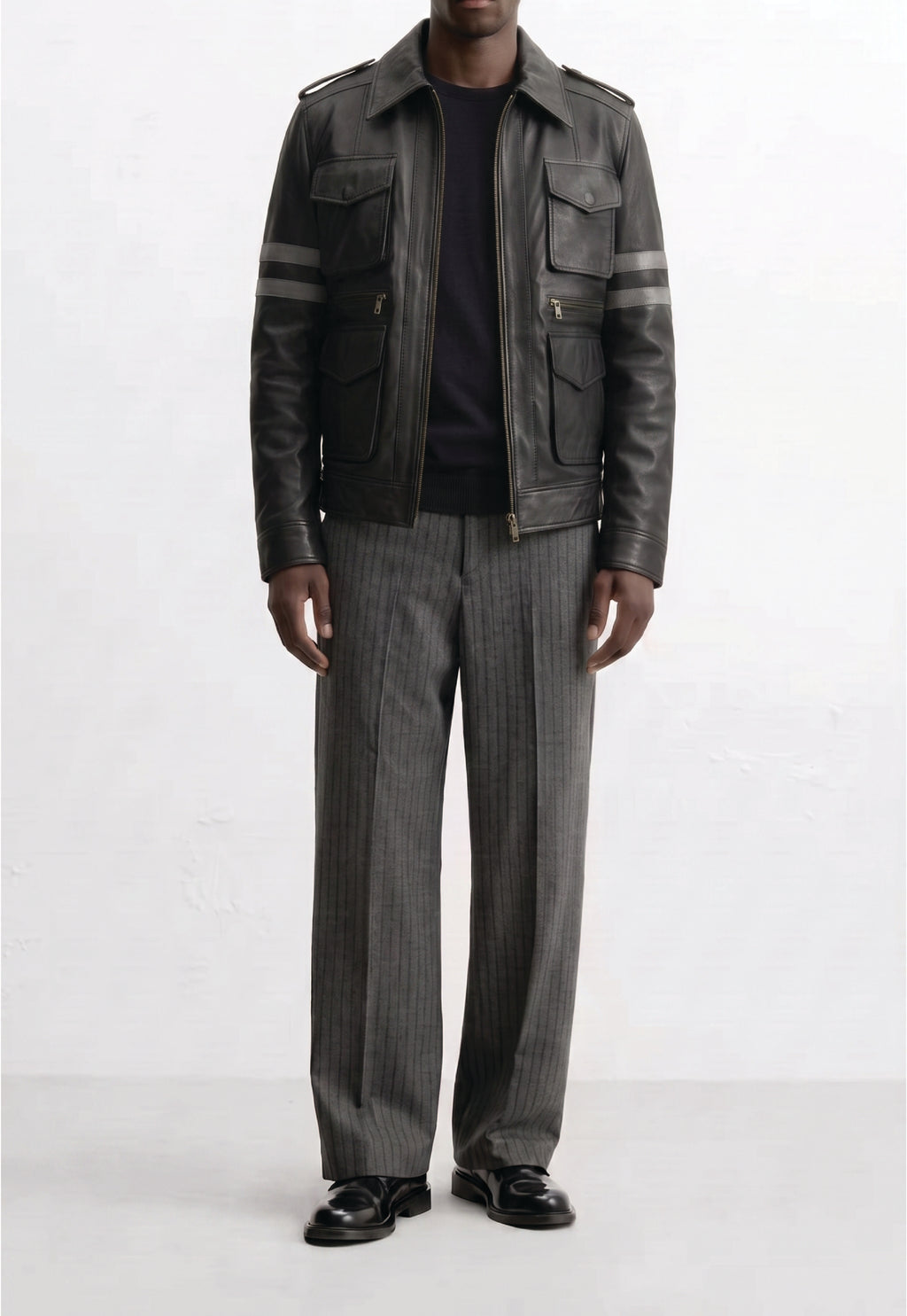 Men Leather Multi-Pocket Field Jacket