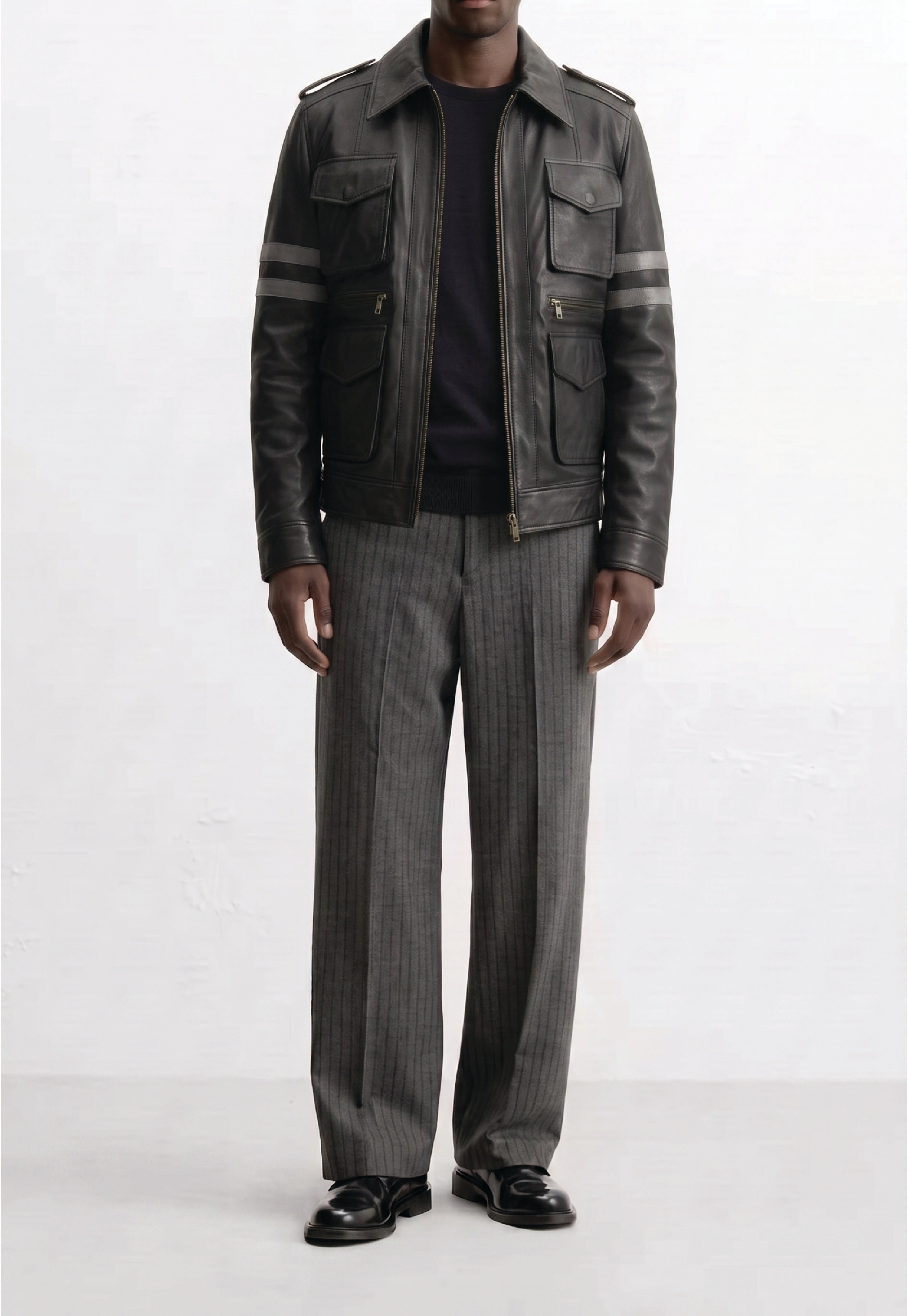 Men Leather Multi-Pocket Field Jacket