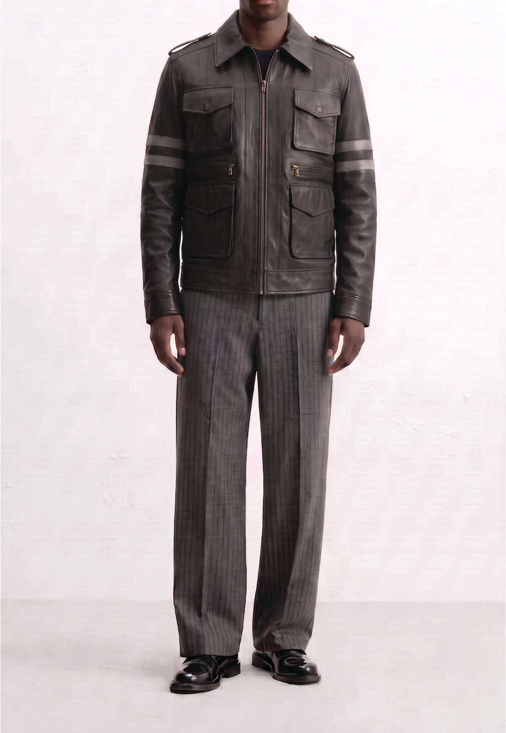 Men Leather Multi-Pocket Field Jacket
