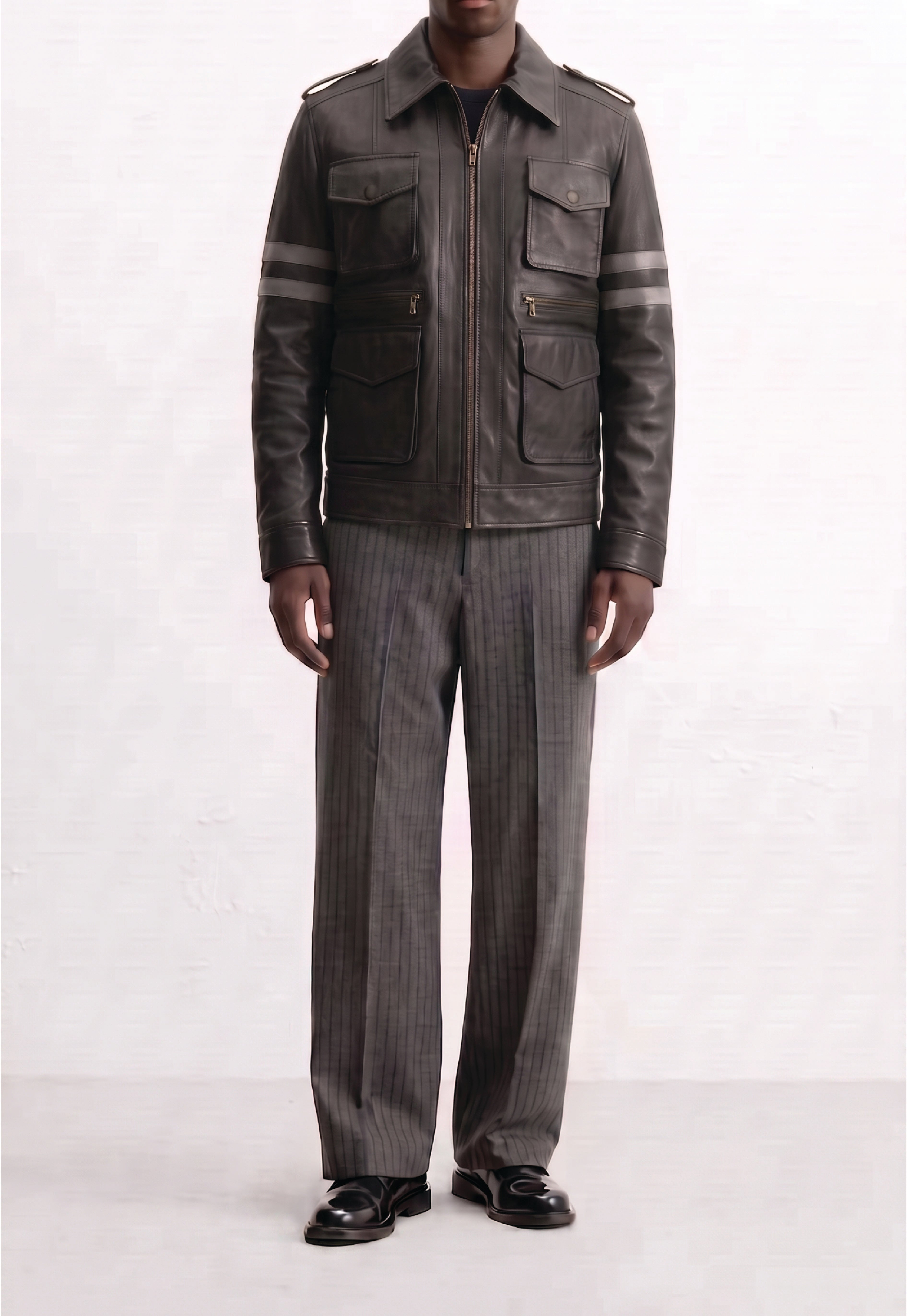 Men Leather Multi-Pocket Field Jacket