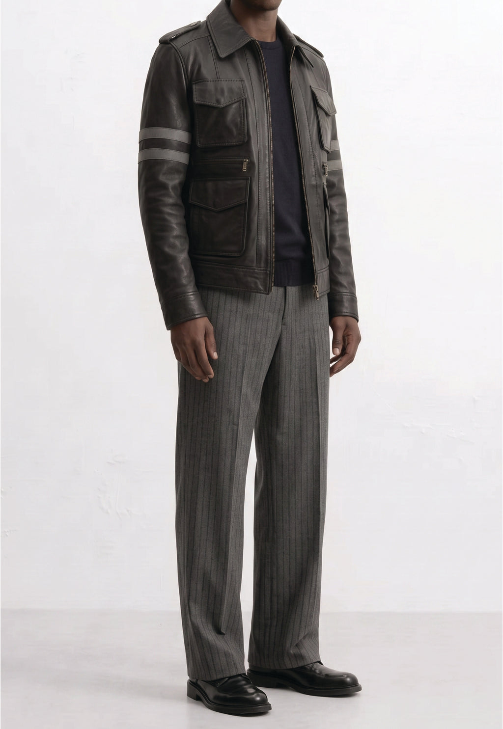 Men Leather Multi-Pocket Field Jacket