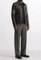 Men Leather Multi-Pocket Field Jacket