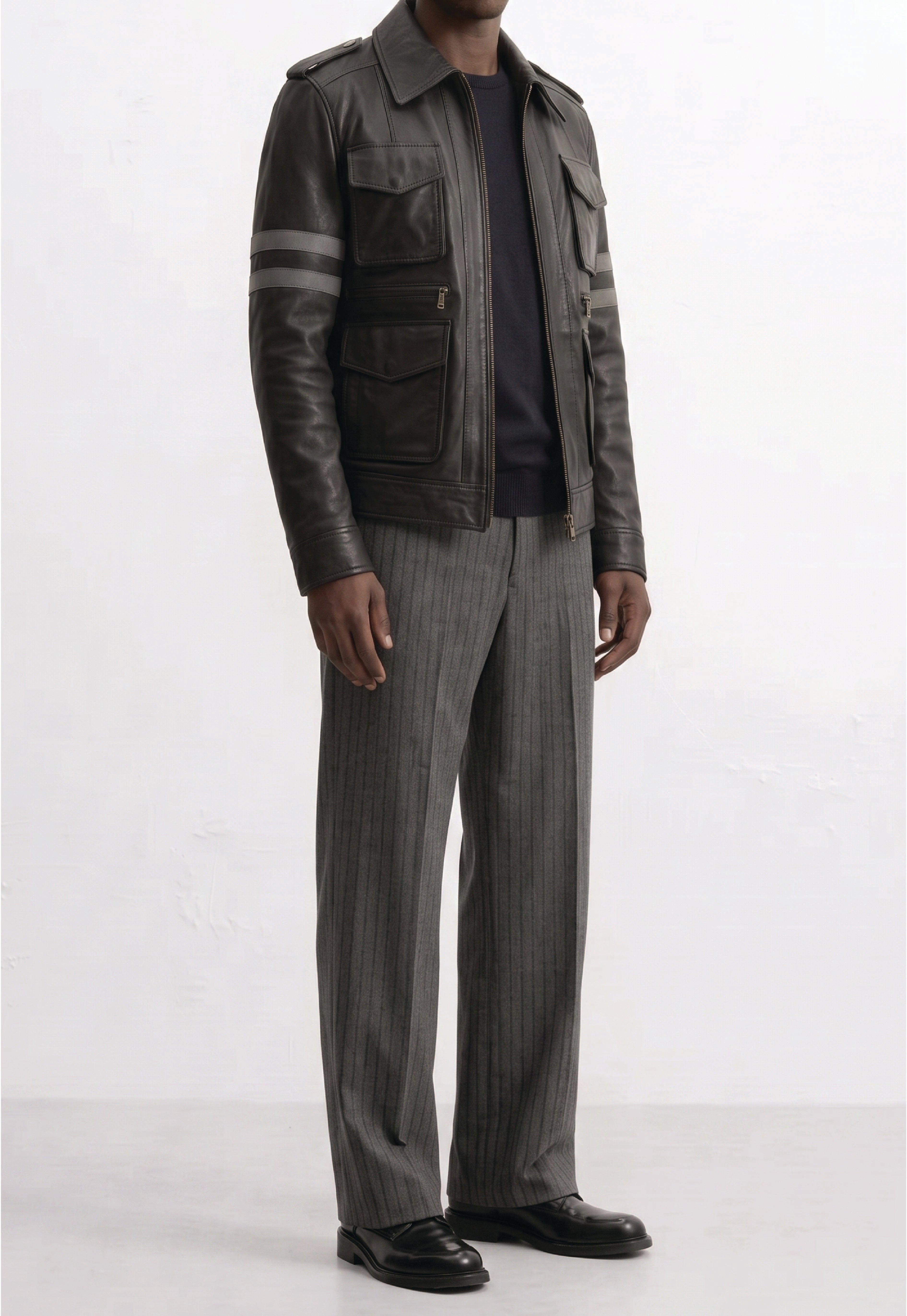 Men Leather Multi-Pocket Field Jacket