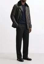 Men Leather Double-Breasted Overcoat