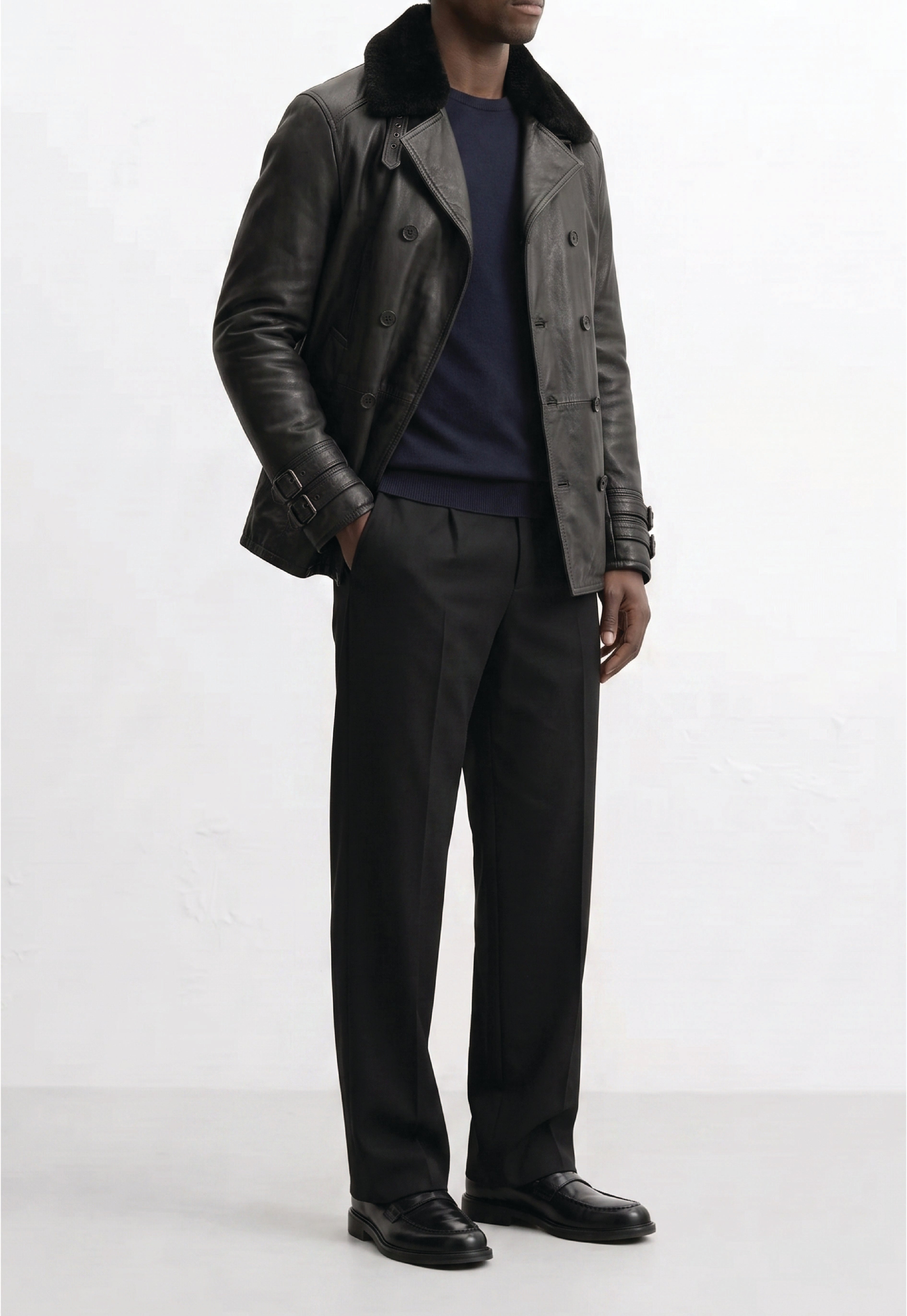 Men Leather Double-Breasted Overcoat