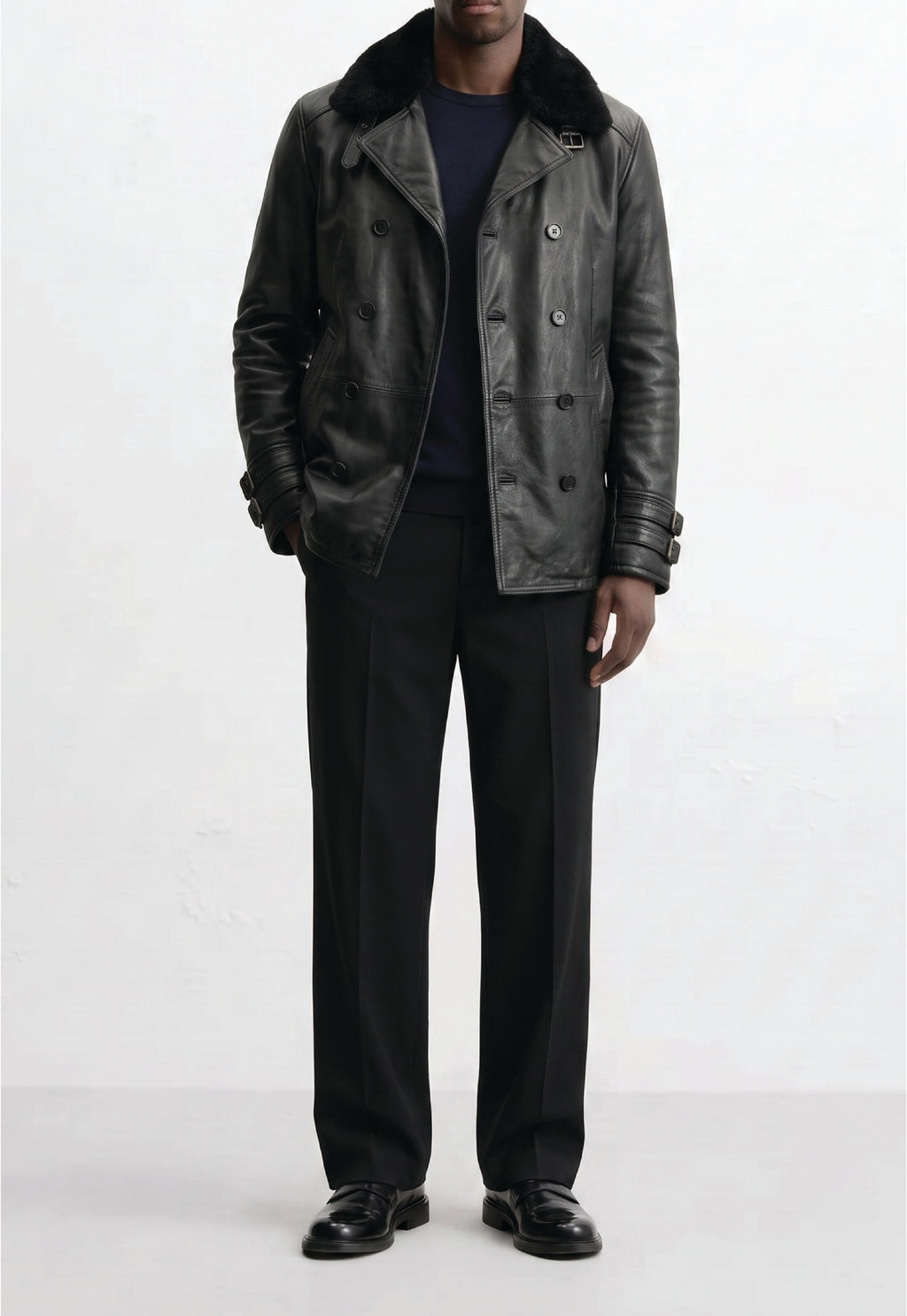 Men Leather Double-Breasted Overcoat
