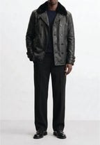 Men Leather Double-Breasted Overcoat