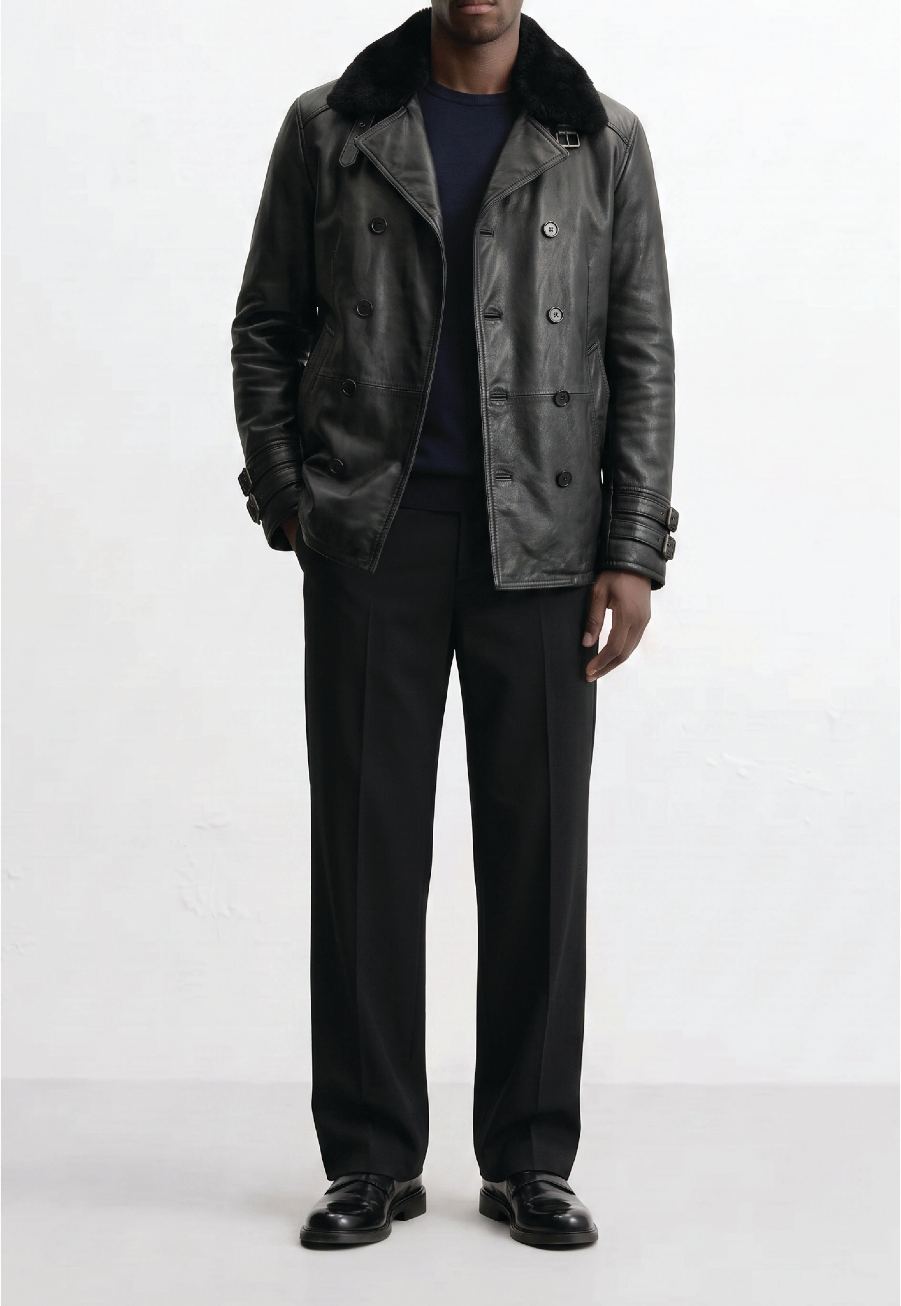 Men Leather Double-Breasted Overcoat