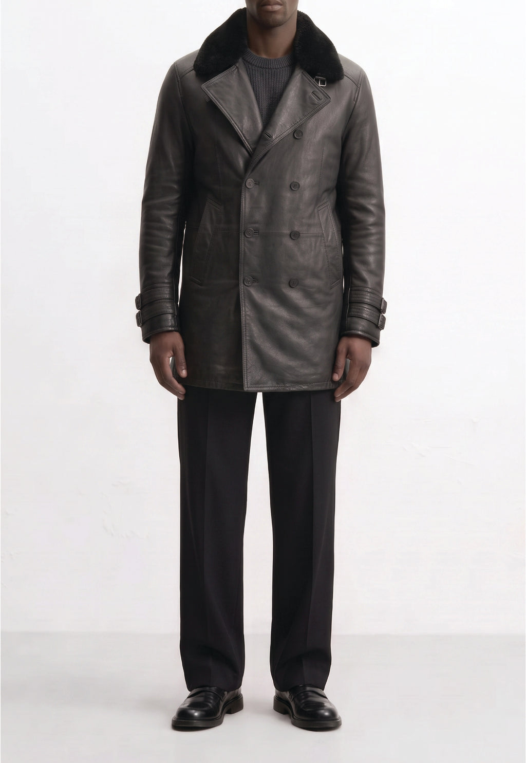 Men Leather Double-Breasted Overcoat