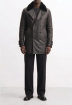Men Leather Double-Breasted Overcoat