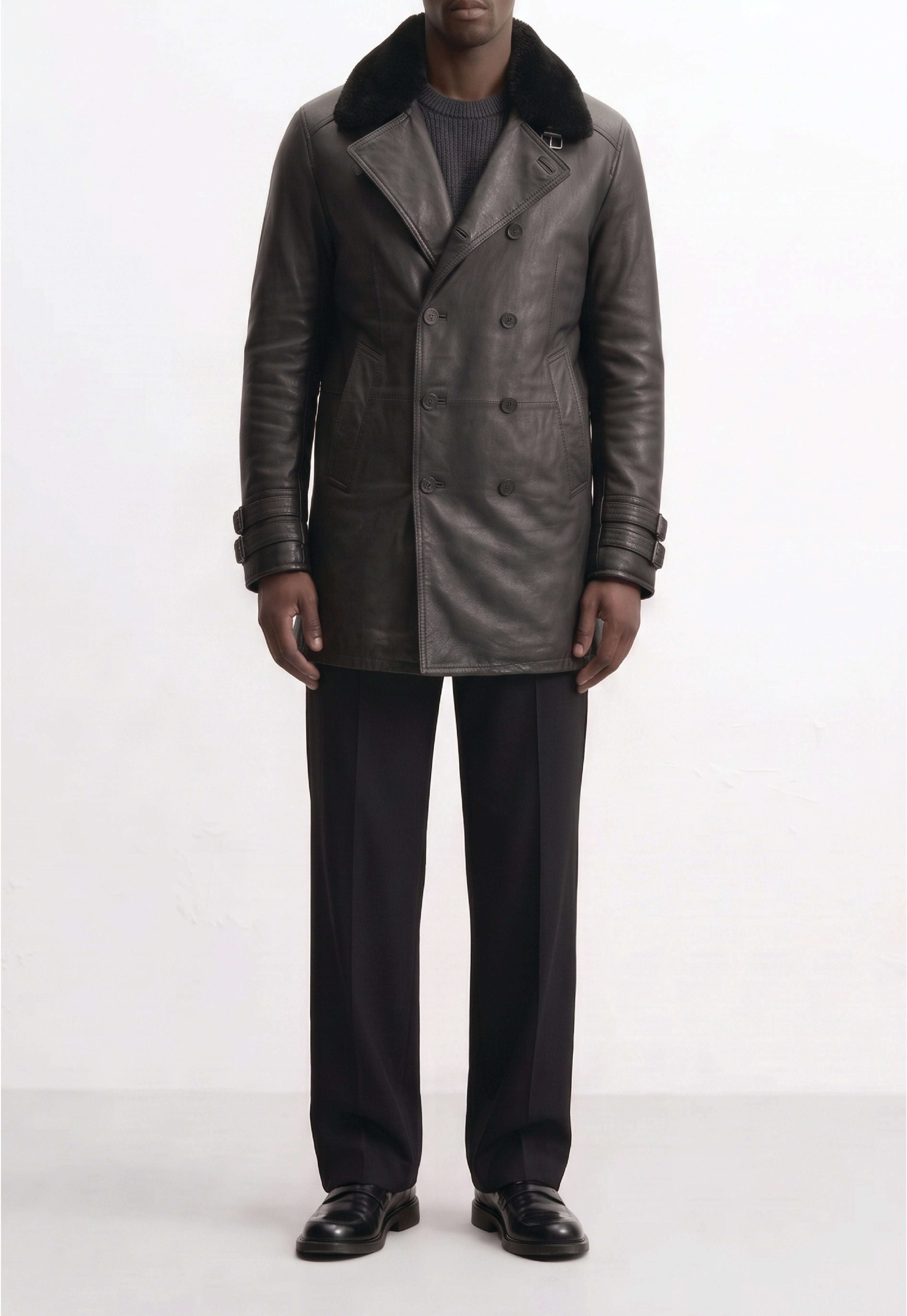 Men Leather Double-Breasted Overcoat