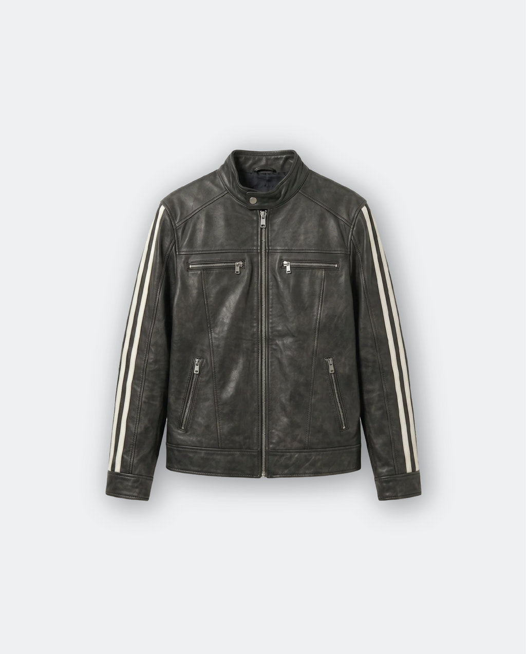 Men Leather Racer Jacket with Stripes