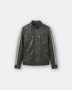 Men Leather Racer Jacket with Stripes