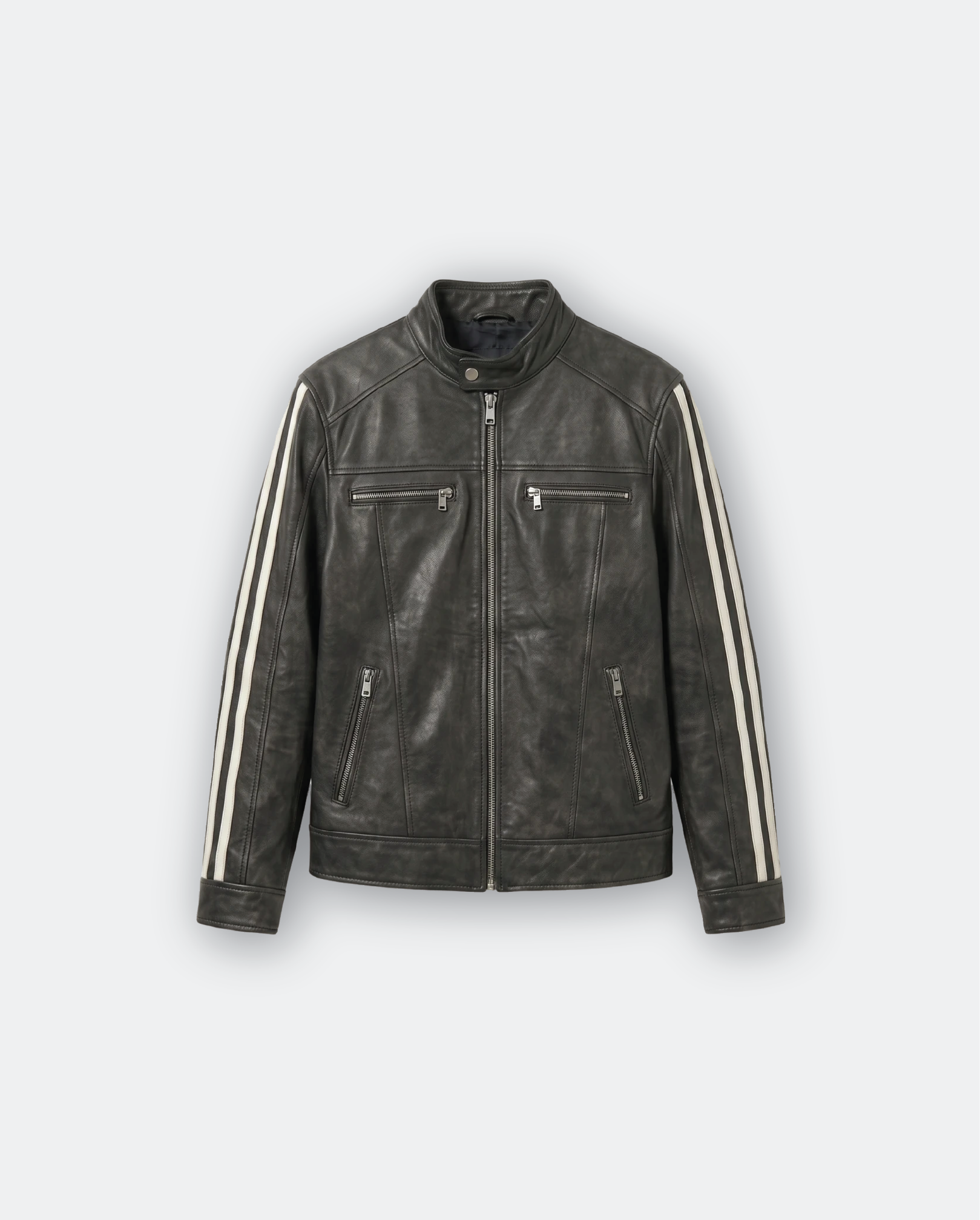 Men Leather Racer Jacket with Stripes