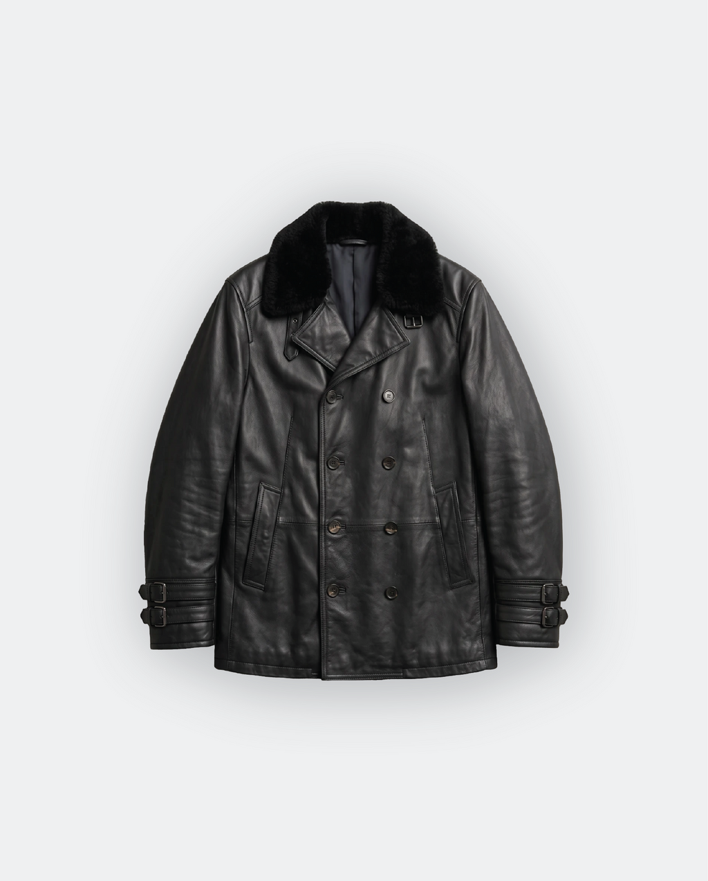 Men Leather Double-Breasted Overcoat