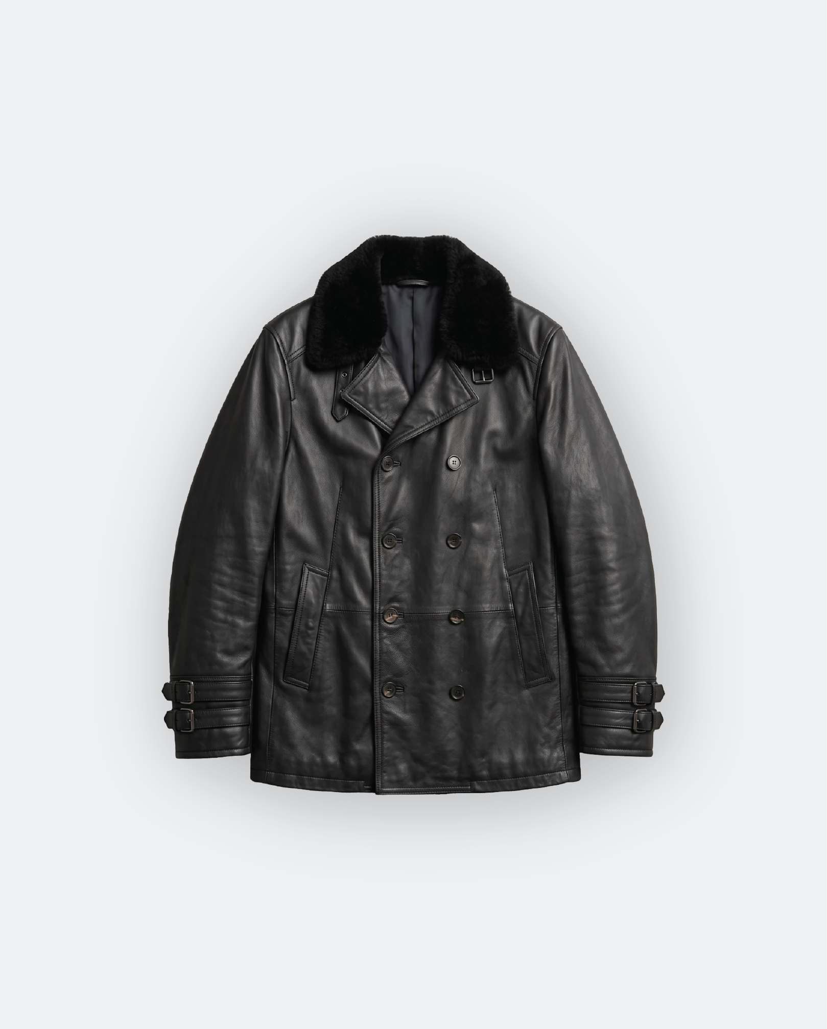 Men Leather Double-Breasted Overcoat