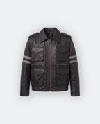 Men Leather Multi-Pocket Field Jacket